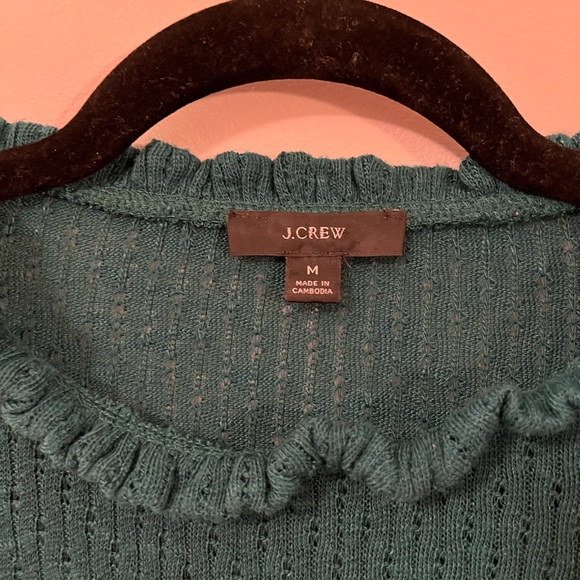J. Crew pointelle puff sleeve, ruffle trim top. Green. Size M EUC! - Picture 3 of 4